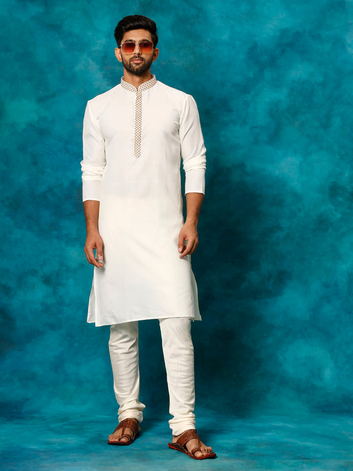 Sarvati Men's Cream Cotton Blend Kurta Pyjama Set