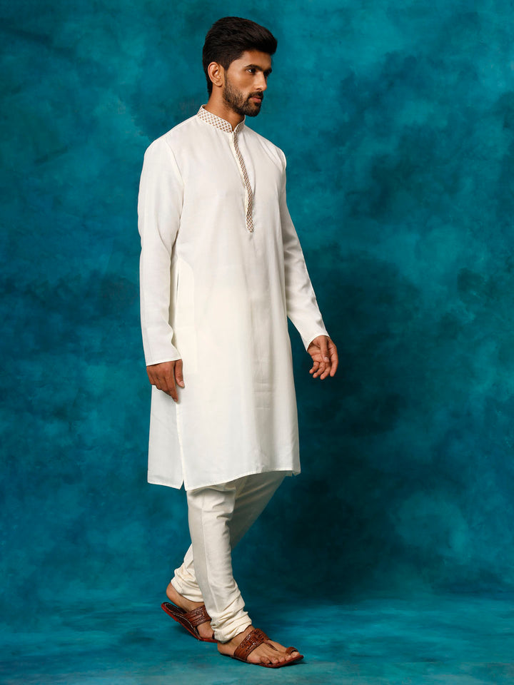 Sarvati Men's Cream Cotton Blend Kurta Pyjama Set