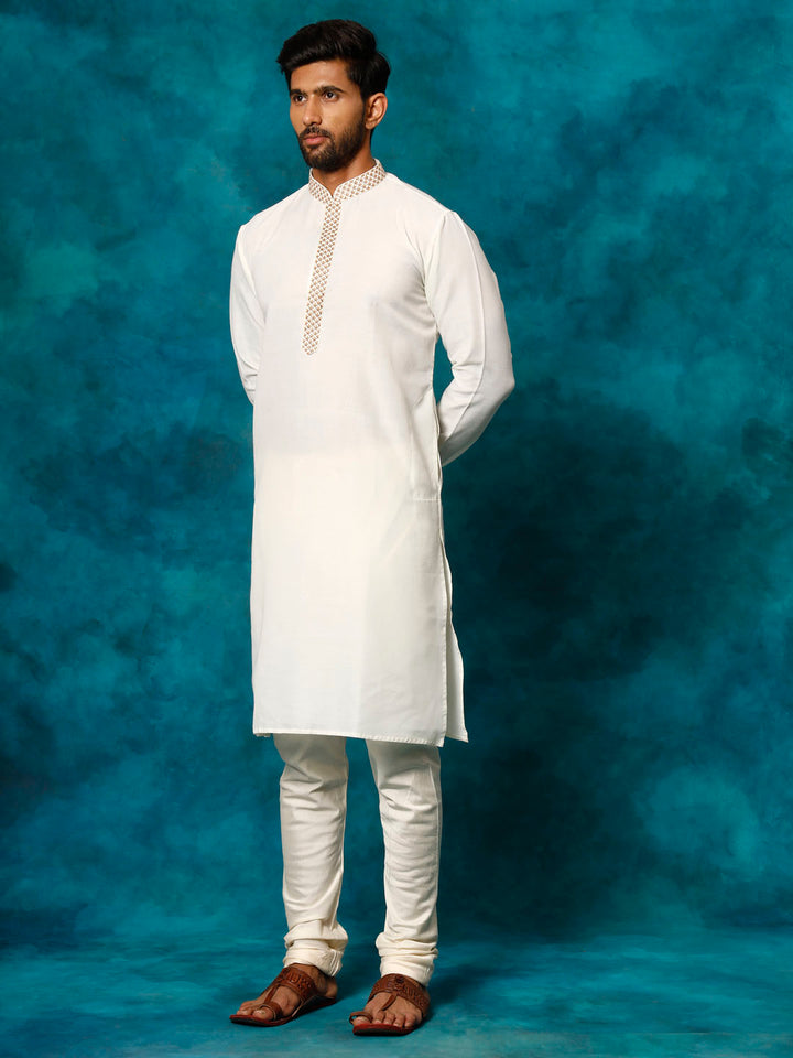 Sarvati Men's Cream Cotton Blend Kurta Pyjama Set