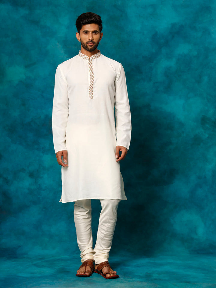 Sarvati Men's Cream Cotton Blend Kurta Pyjama Set