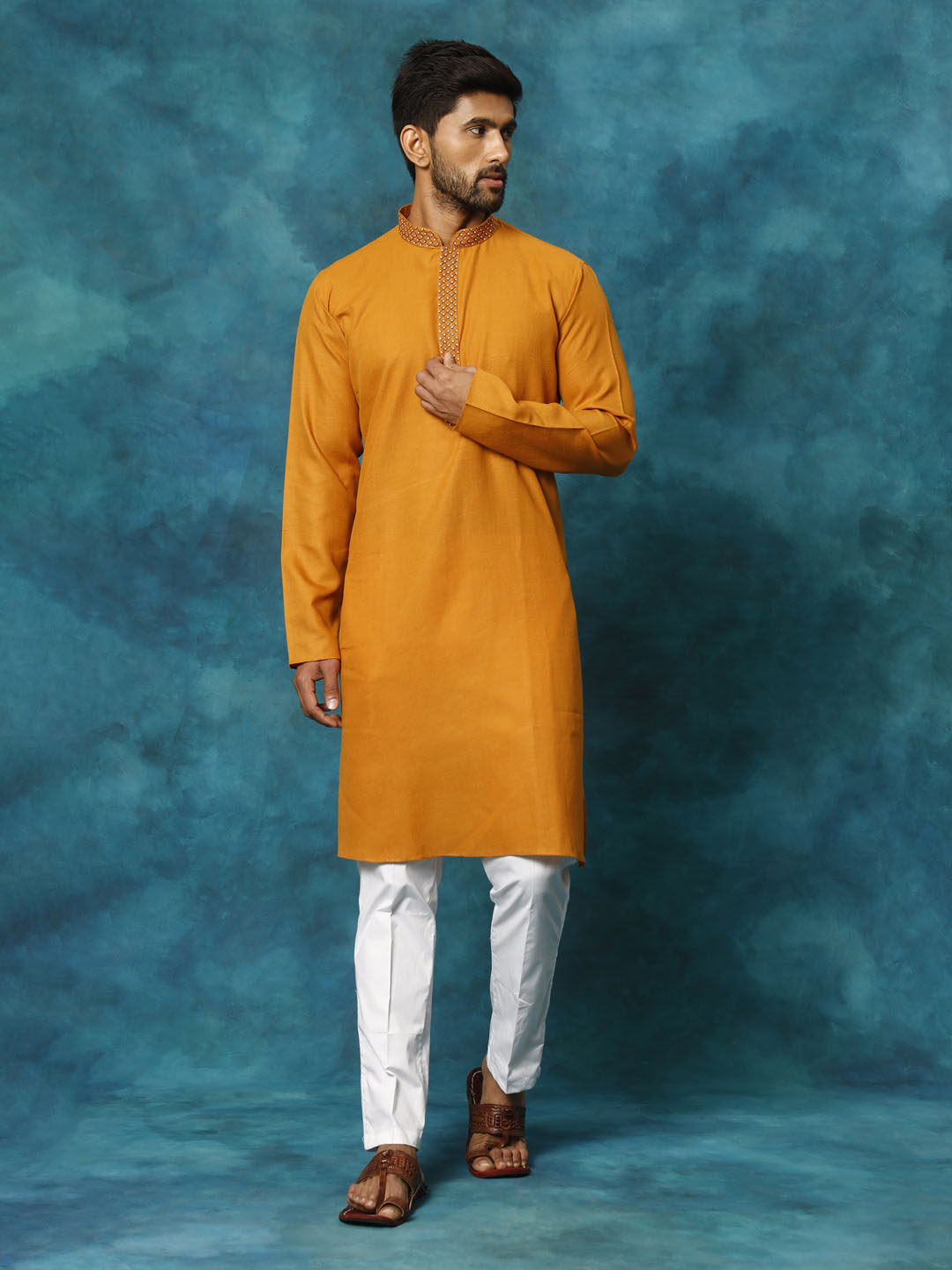Sarvati Men's Rust And White Cotton Blend Kurta Pyjama Set