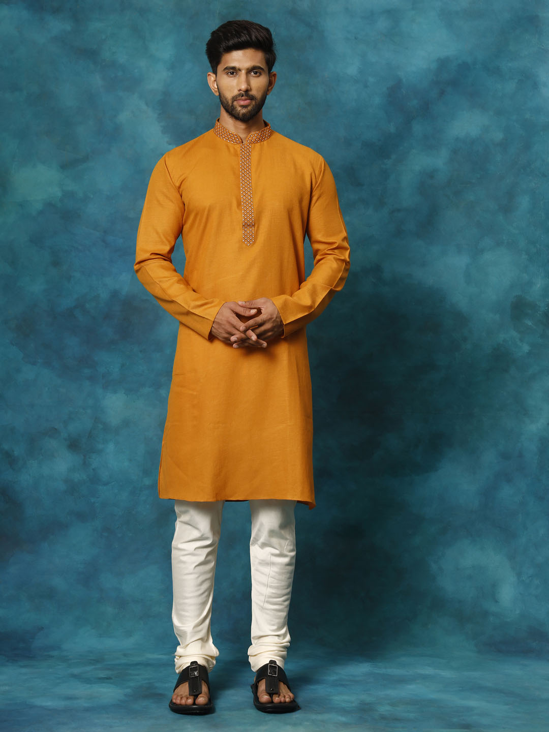 Sarvati Men's Rust And Cream Cotton Blend Kurta Pyjama Set