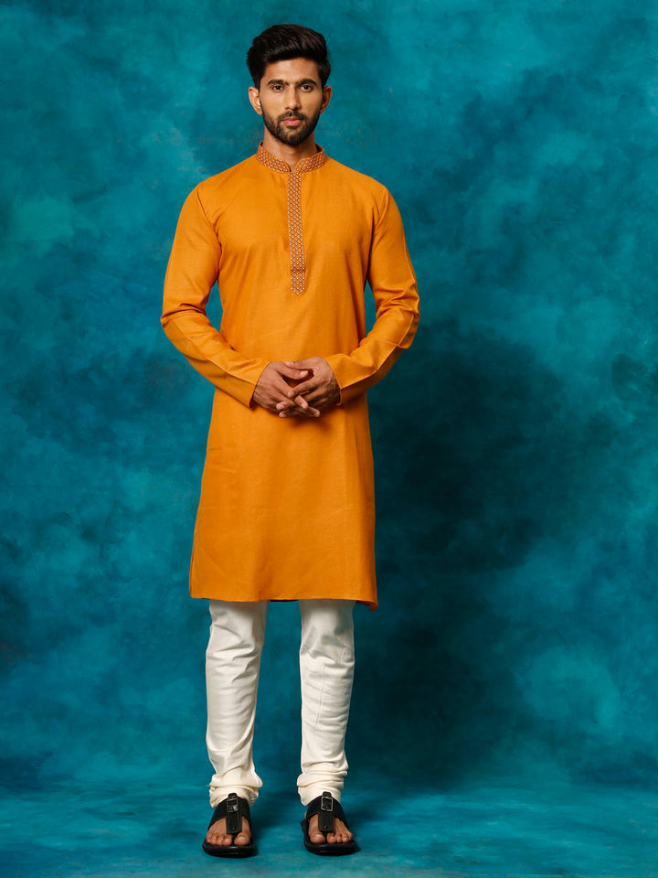 Sarvati Men's Rust And Cream Cotton Blend Kurta Pyjama Set