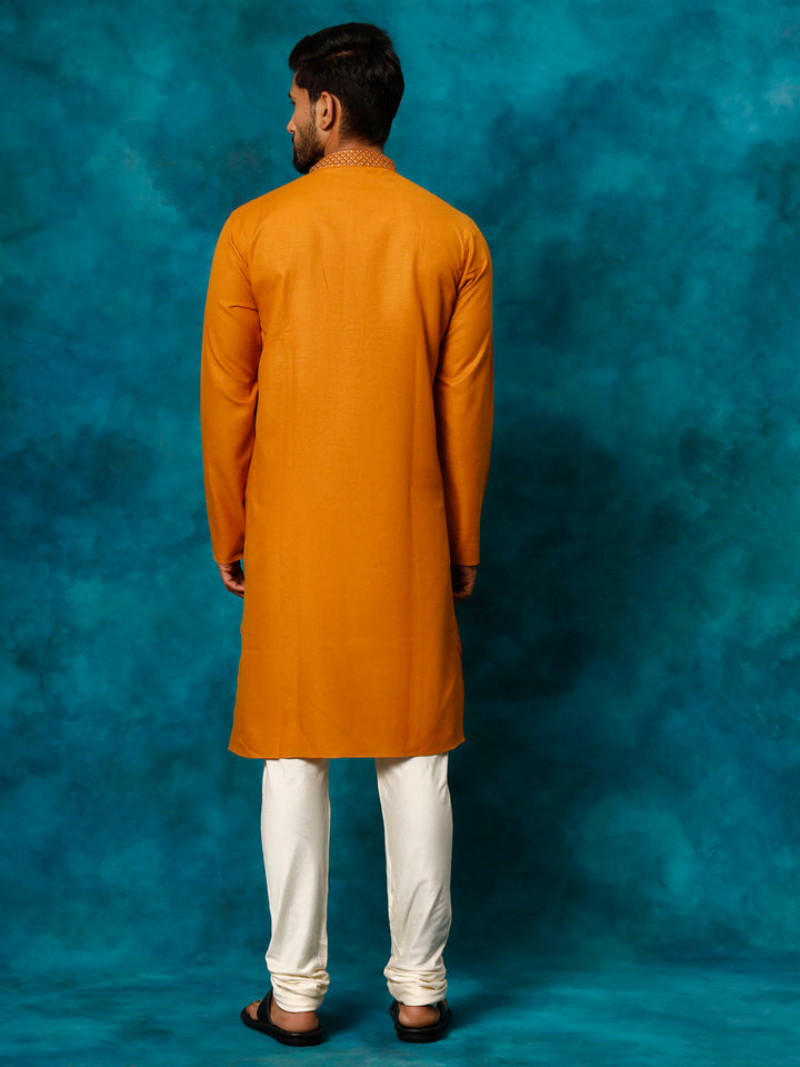 Sarvati Men's Rust And Cream Cotton Blend Kurta Pyjama Set