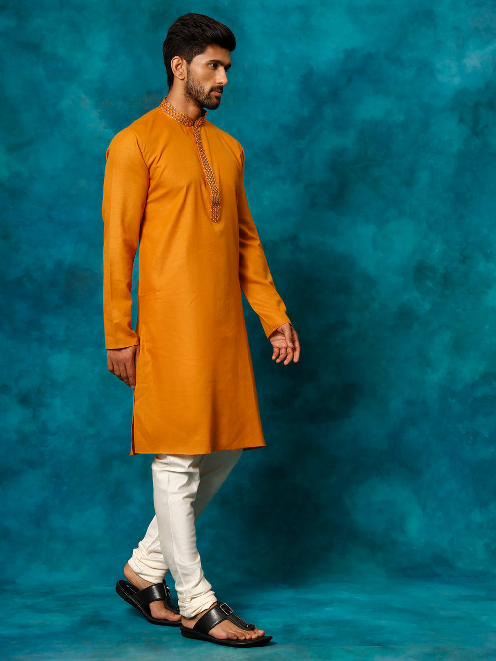 Sarvati Men's Rust And Cream Cotton Blend Kurta Pyjama Set