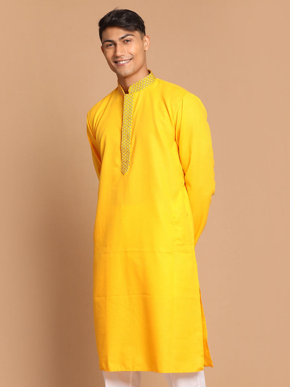 Men's Yellow Color Solid Kurta