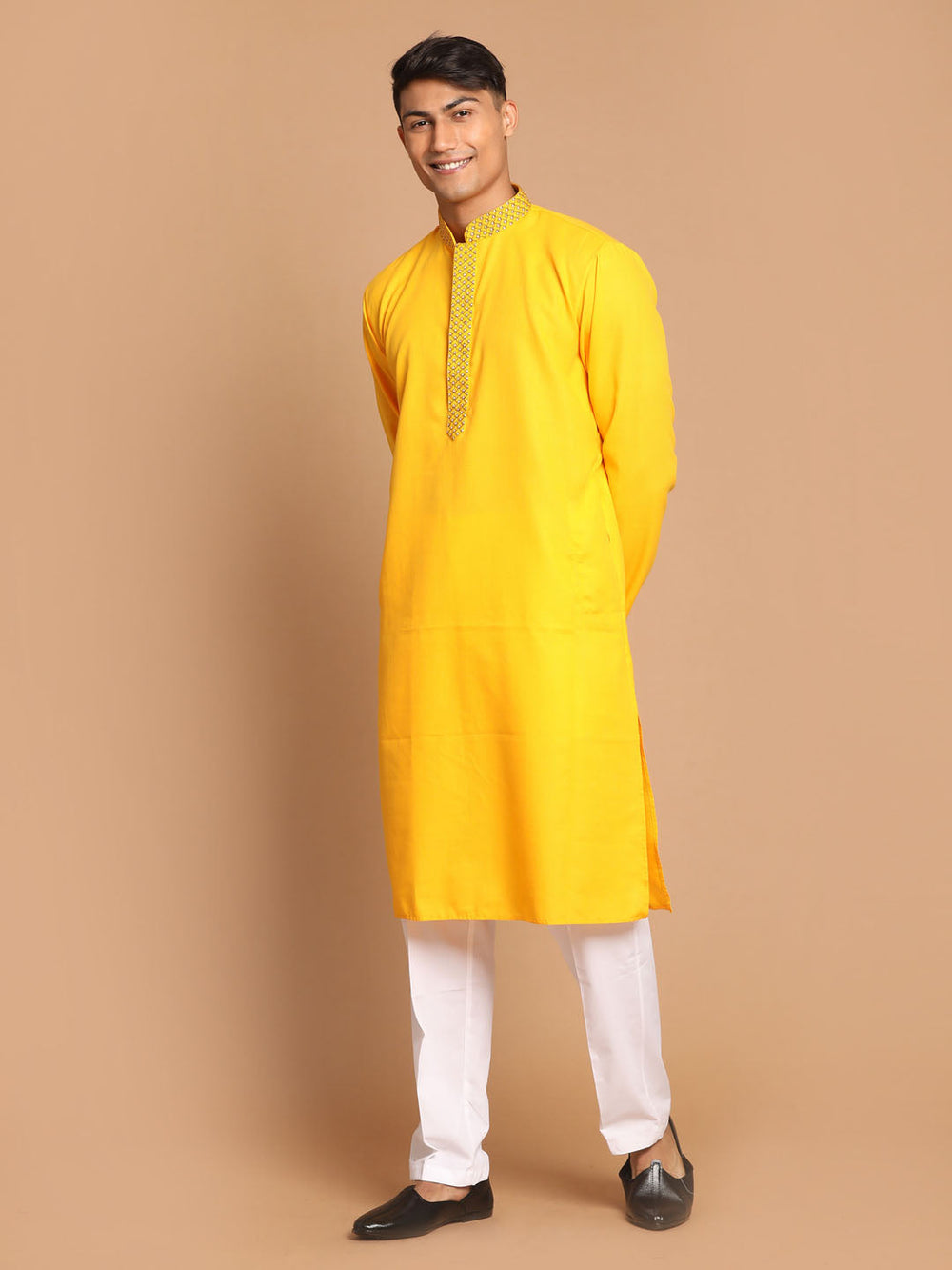 Sarvati Men's Yellow And White Solid Kurta With Pant Set