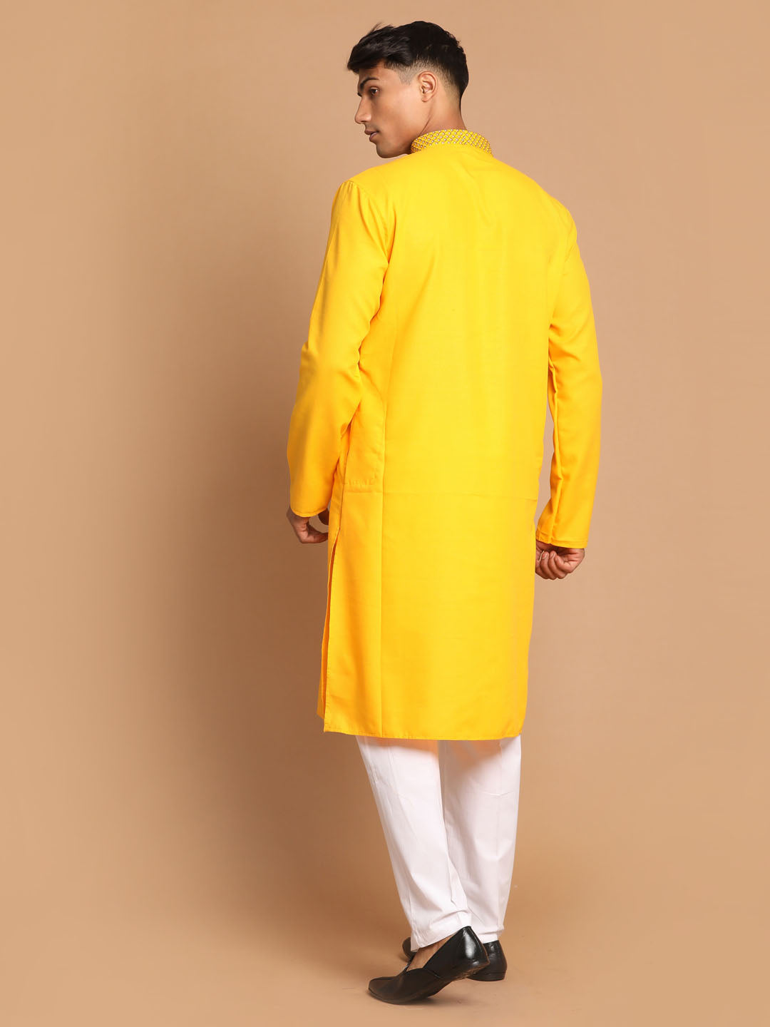 Sarvati Men's Yellow And White Solid Kurta With Pant Set