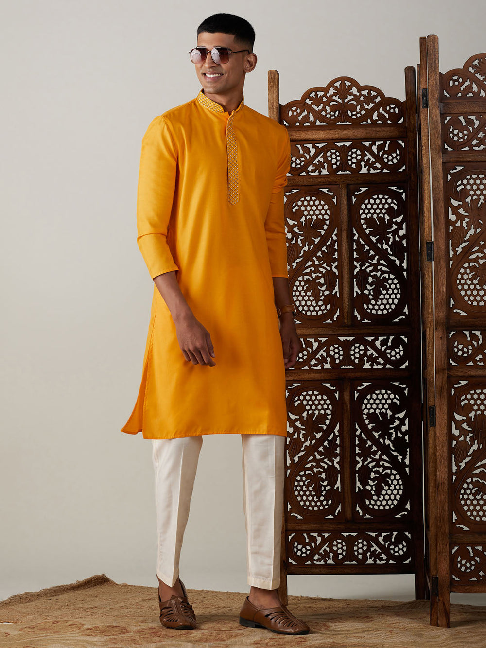 Sarvati Men's Yellow And Cream Solid Kurta With Pant Style Cotton Pyjama Set