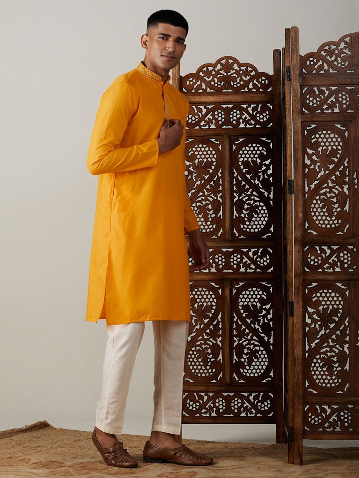 Sarvati Men's Yellow And Cream Solid Kurta With Pant Style Cotton Pyjama Set