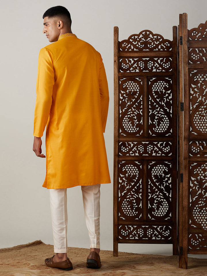 Sarvati Men's Yellow And Cream Solid Kurta With Pant Style Cotton Pyjama Set