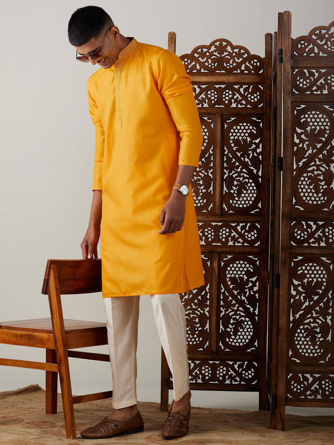 Sarvati Men's Yellow And Cream Solid Kurta With Pant Style Cotton Pyjama Set