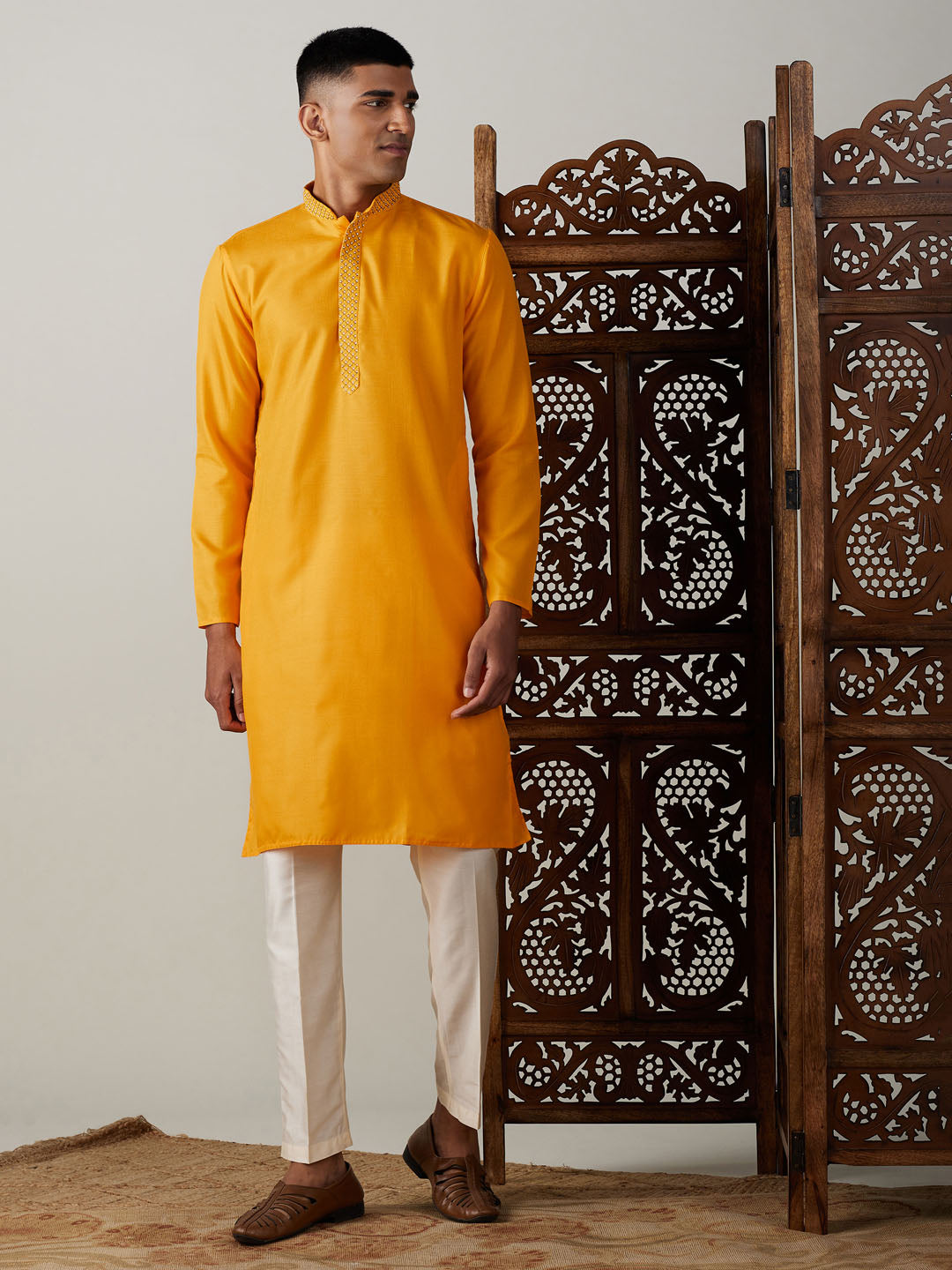 Sarvati Men's Yellow And Cream Solid Kurta With Pant Style Cotton Pyjama Set