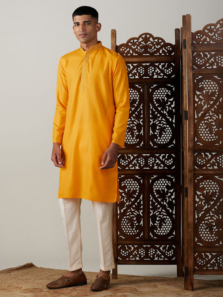 Sarvati Men's Yellow And Cream Solid Kurta With Pant Style Cotton Pyjama Set