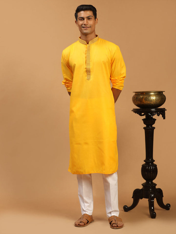 Sarvati Men's Yellow And White Solid Kurta With Pant Set