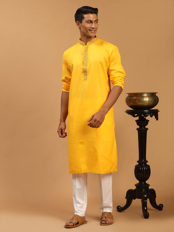 Sarvati Men's Yellow And White Solid Kurta With Pant Set