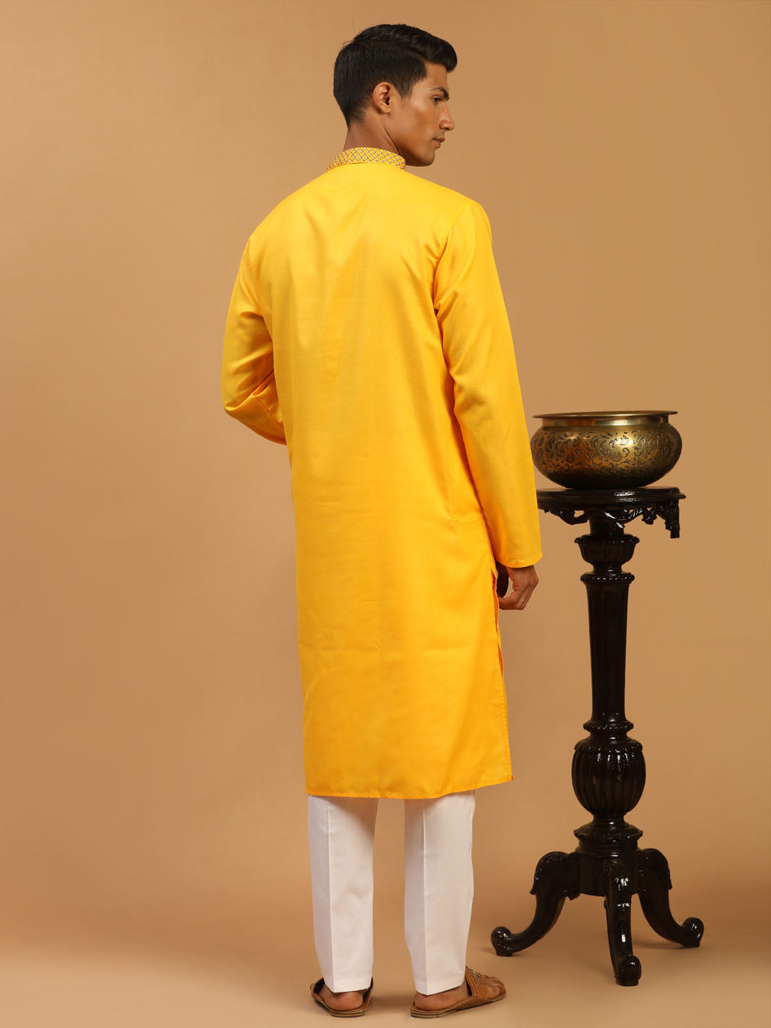 Sarvati Men's Yellow And White Solid Kurta With Pant Set