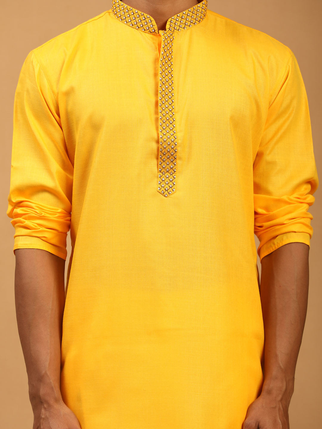 Sarvati Men's Yellow And White Solid Kurta With Pant Set