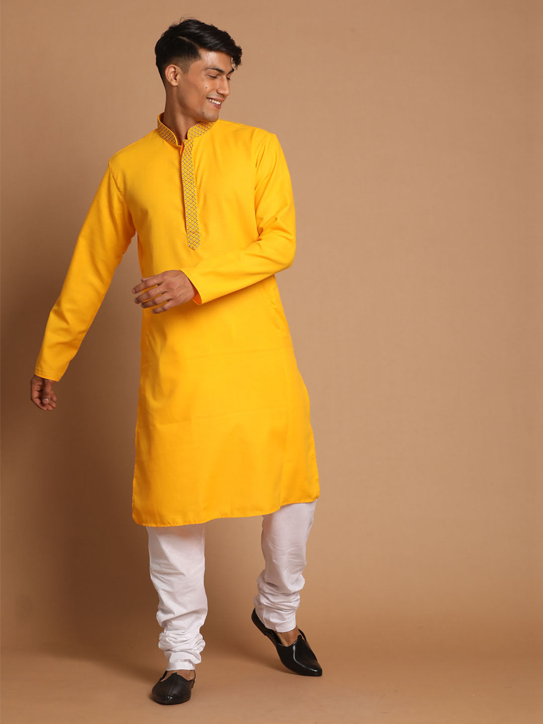 Sarvati Men's Yellow And White Solid Kurta With Churidar Set