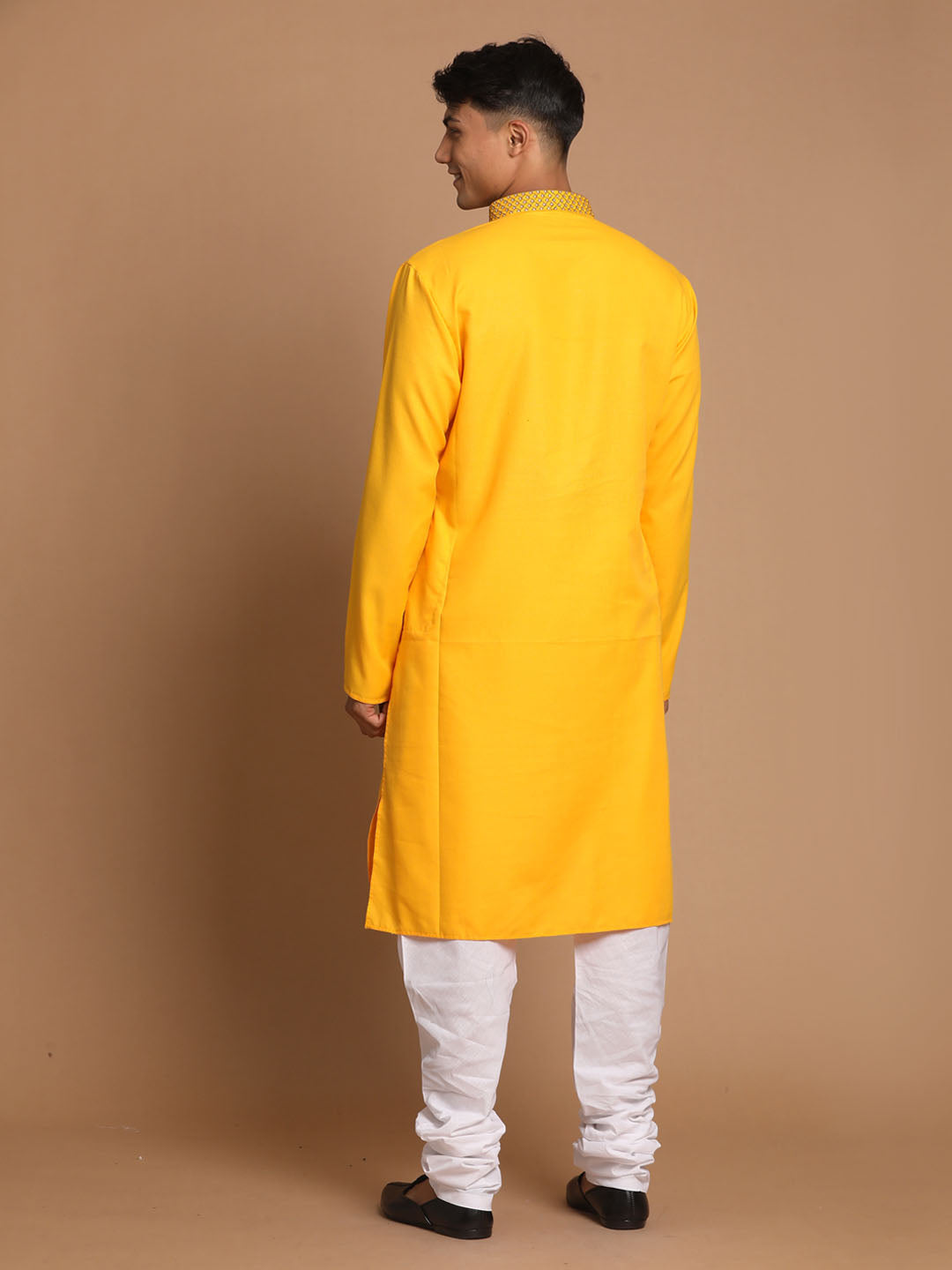 Sarvati Men's Yellow And White Solid Kurta With Churidar Set