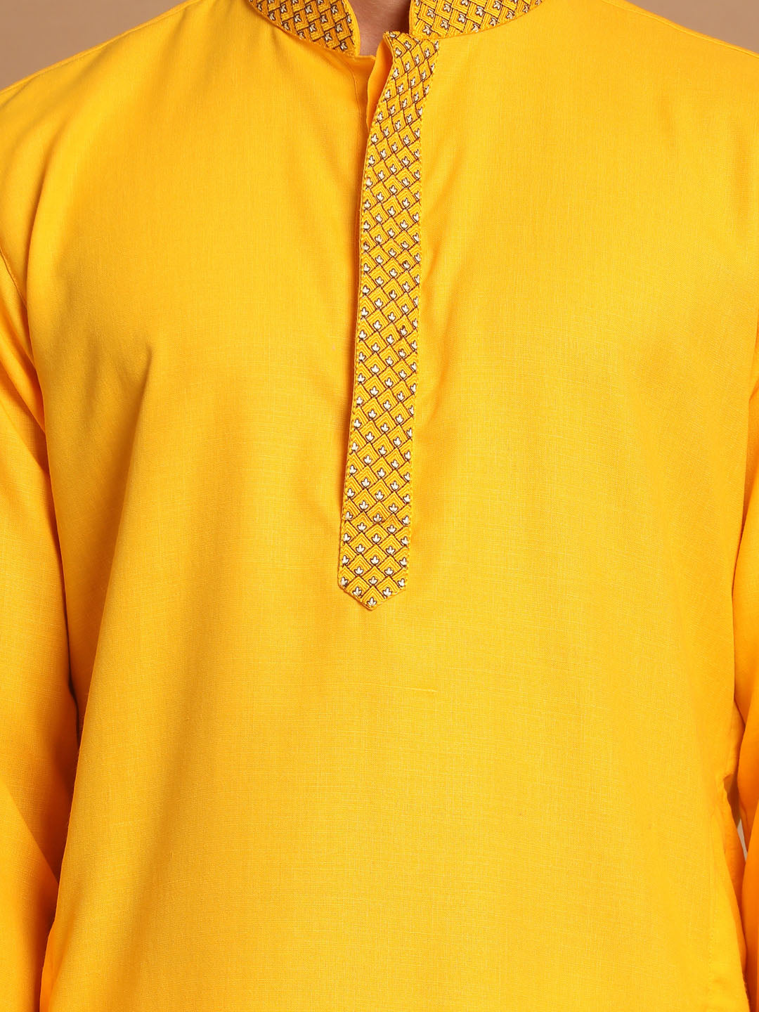 Sarvati Men's Yellow And White Solid Kurta With Churidar Set