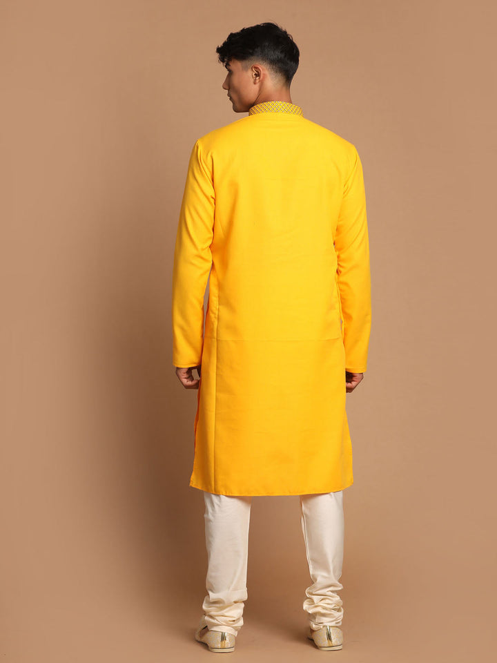 Sarvati Men's Yellow And Cream Solid Kurta With Pyjama Set