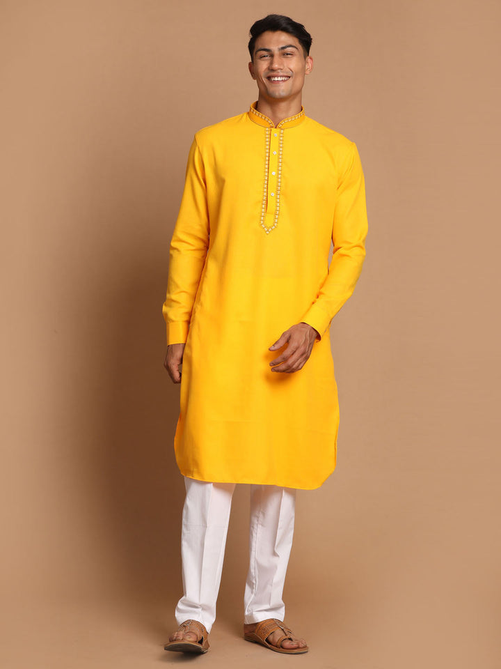 Sarvati Men's Yellow And White Cotton Blend Kurta With Pant Set