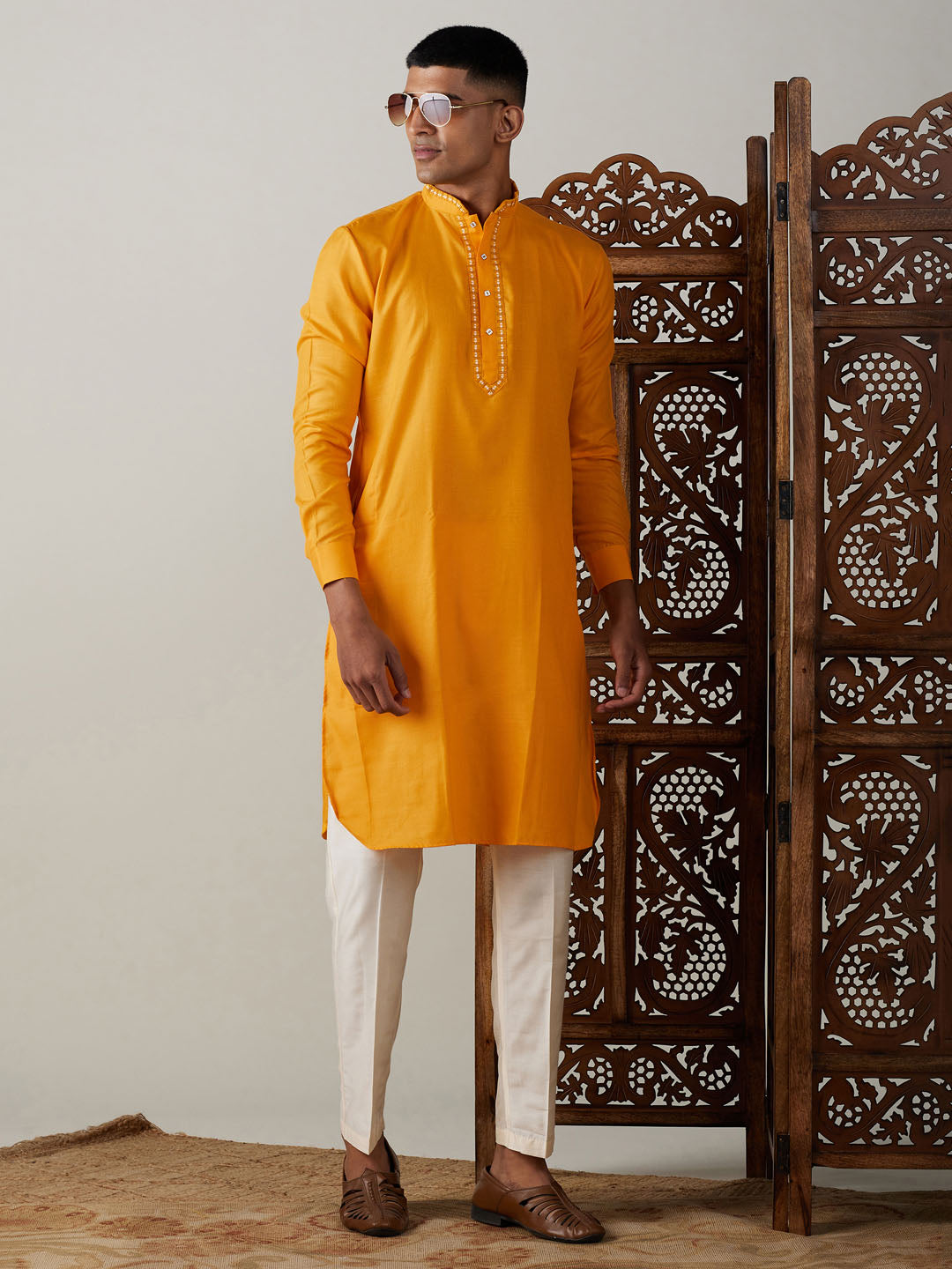 Sarvati Men's Yellow And Cream Solid Kurta With Viscose Pant Style Viscose Pyjama Set