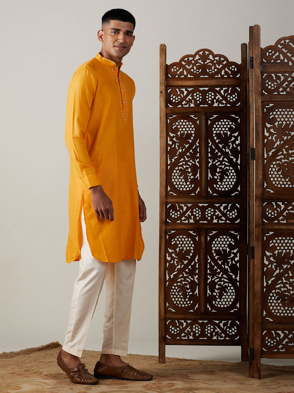 Sarvati Men's Yellow And Cream Solid Kurta With Viscose Pant Style Viscose Pyjama Set