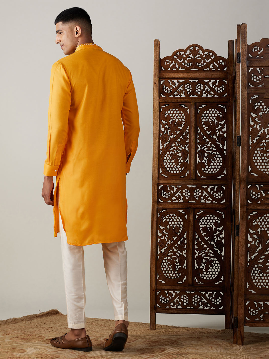 Sarvati Men's Yellow And Cream Solid Kurta With Viscose Pant Style Viscose Pyjama Set