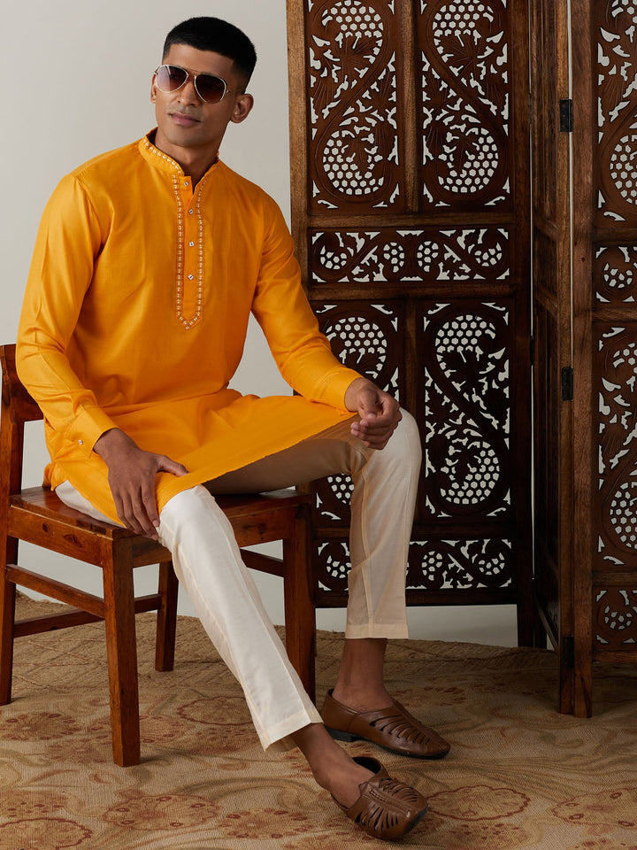 Sarvati Men's Yellow And Cream Solid Kurta With Viscose Pant Style Viscose Pyjama Set