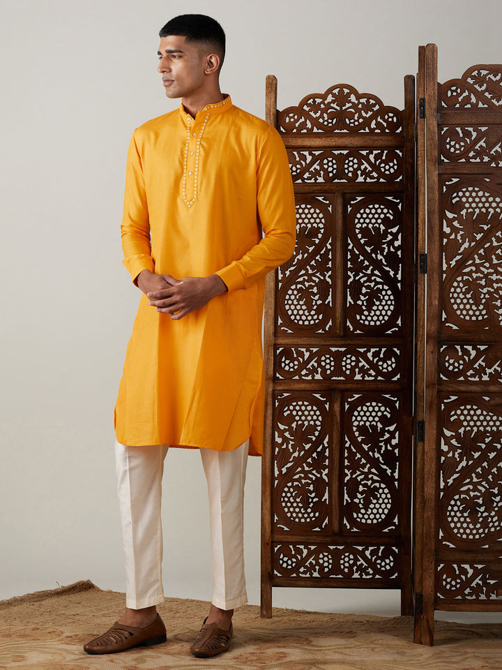 Sarvati Men's Yellow And Cream Solid Kurta With Viscose Pant Style Viscose Pyjama Set