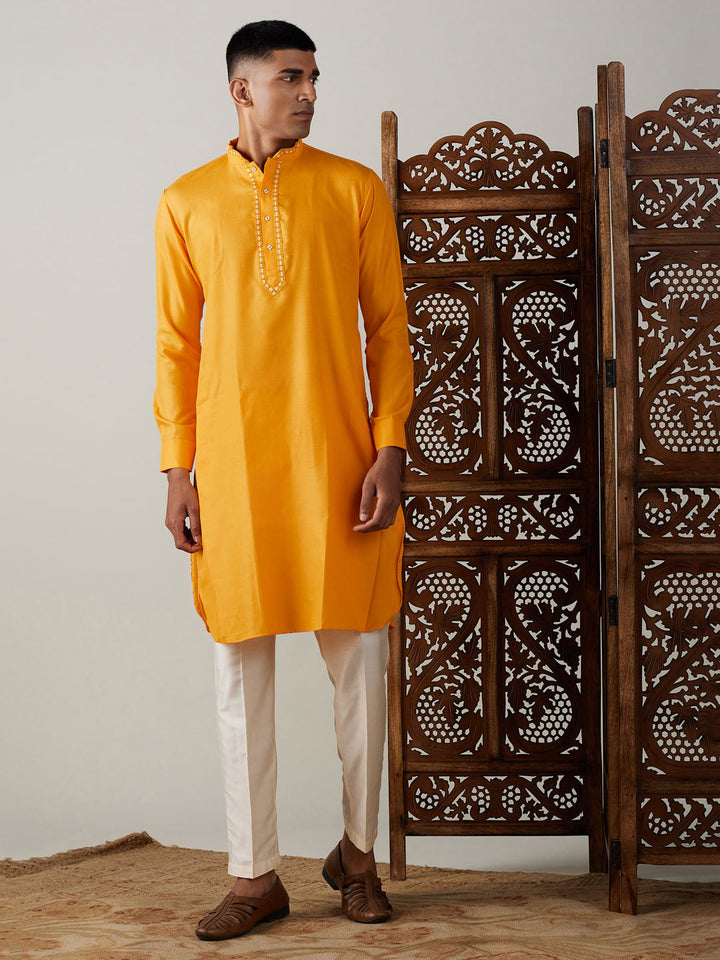 Sarvati Men's Yellow And Cream Solid Kurta With Viscose Pant Style Viscose Pyjama Set