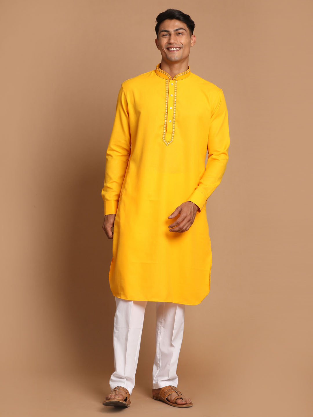 Sarvati Men's Yellow And White Solid Kurta With Pant Style Cotton Pyjama Set