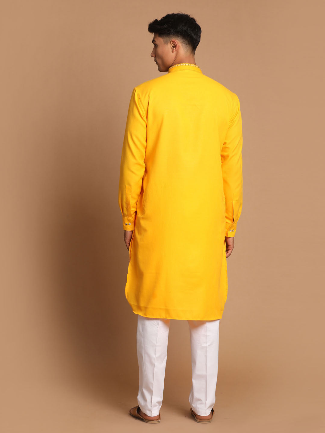 Sarvati Men's Yellow And White Solid Kurta With Pant Style Cotton Pyjama Set