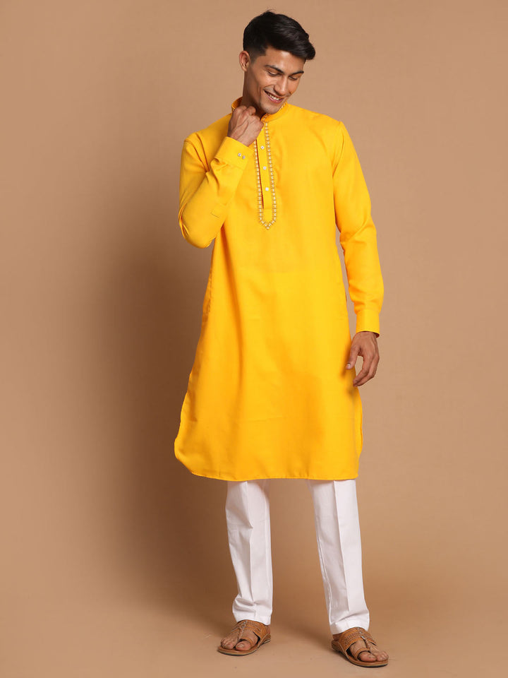 Sarvati Men's Yellow And White Solid Kurta With Pant Style Cotton Pyjama Set