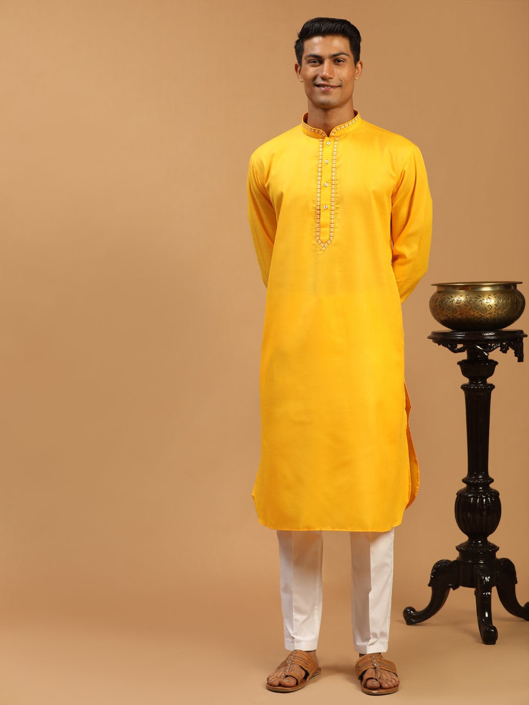 Sarvati Men's Yellow And White Cotton Blend Kurta With Pant Set