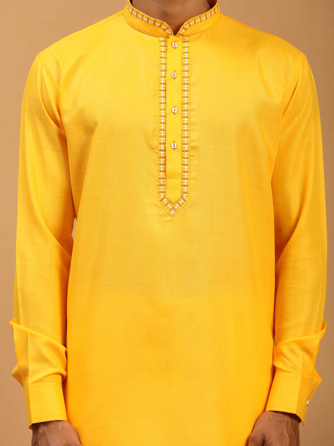 Sarvati Men's Yellow And White Cotton Blend Kurta With Pant Set