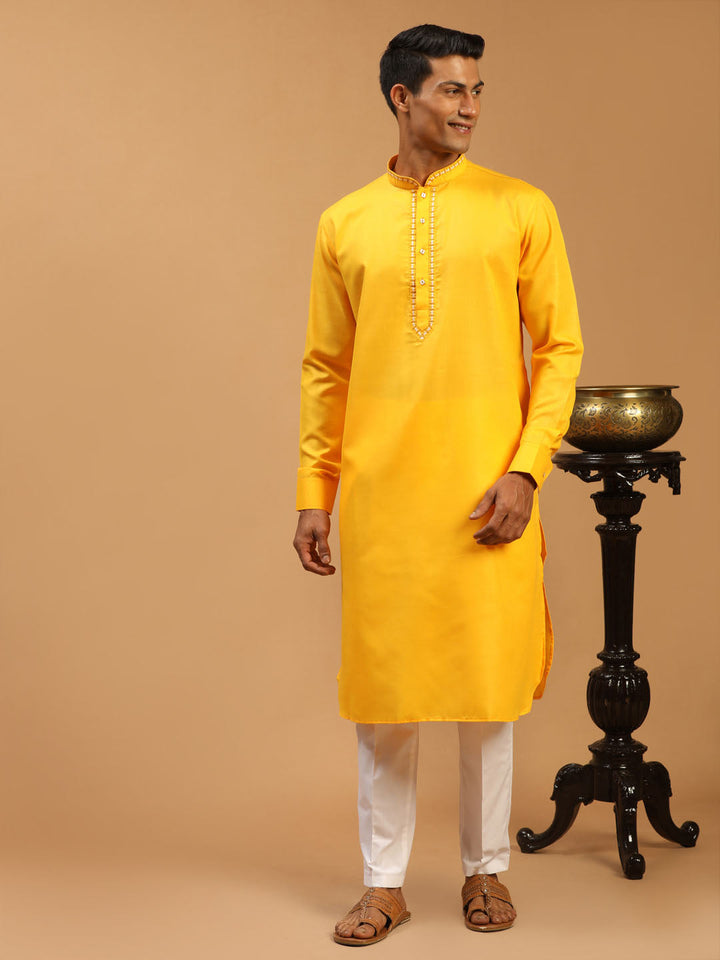 Sarvati Men's Yellow And White Cotton Blend Kurta With Pant Set