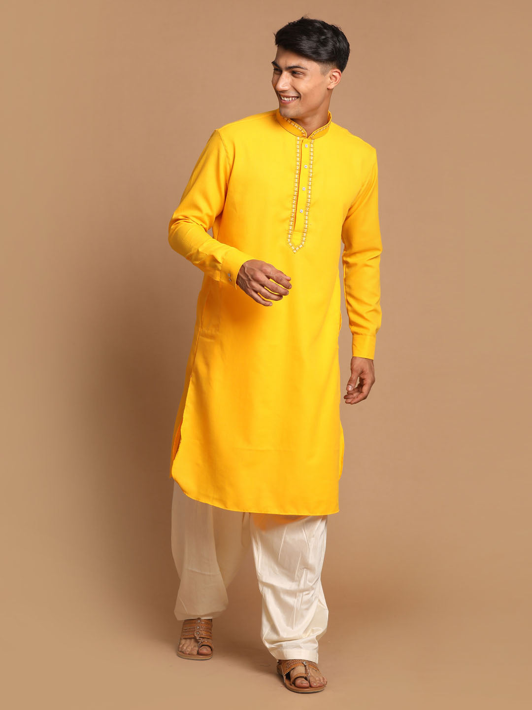 Sarvati Men's Yellow Cotton Blend Kurta with Patiala Set