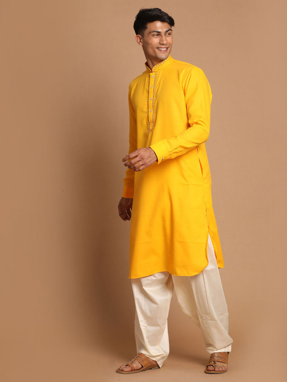 Sarvati Men's Yellow Cotton Blend Kurta with Patiala Set