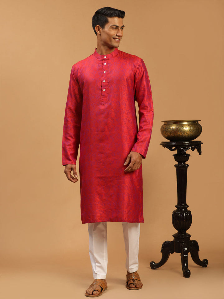 Sarvati Men's Red Paisley Brocade Silk Kurta And  White Solid Pant Set