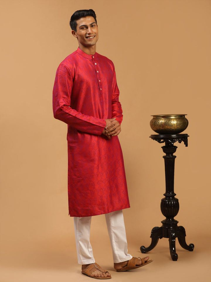 Sarvati Men's Red Paisley Brocade Silk Kurta And  White Solid Pant Set