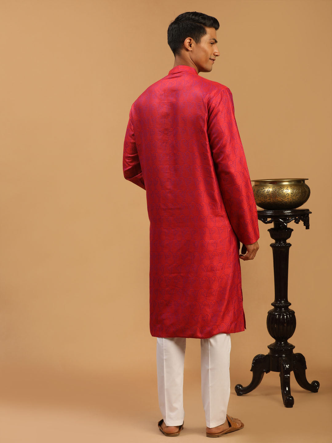 Sarvati Men's Red Paisley Brocade Silk Kurta And  White Solid Pant Set