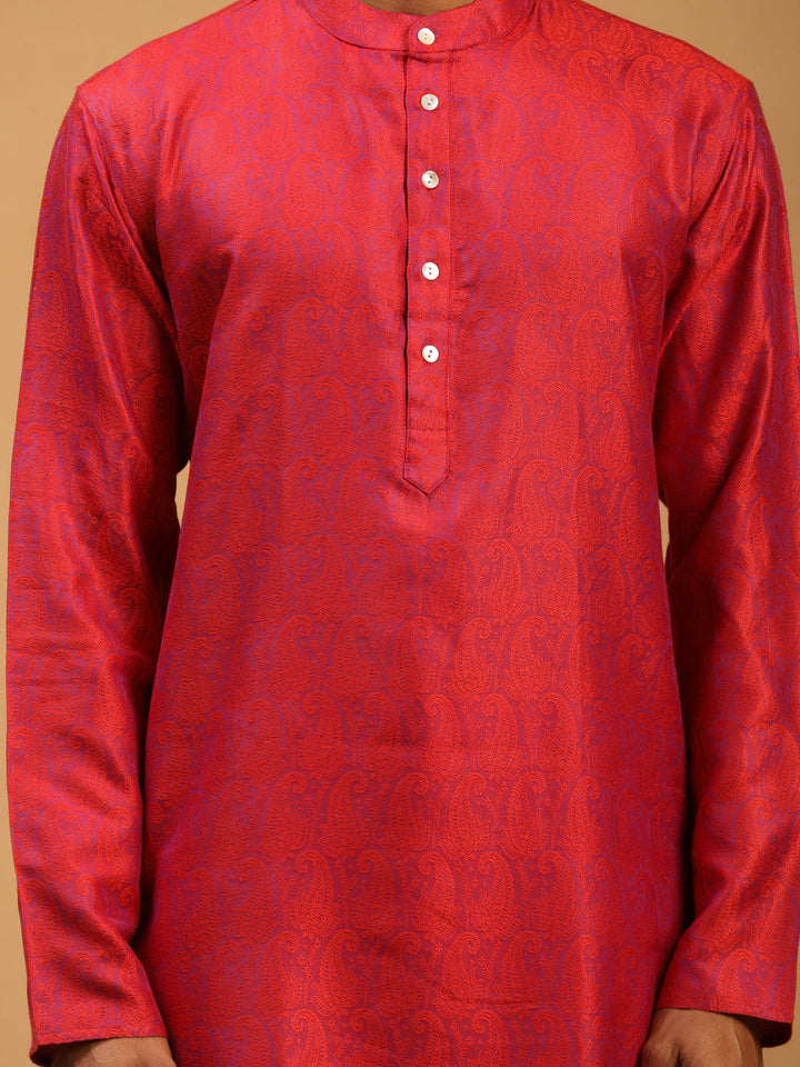 Sarvati Men's Red Paisley Brocade Silk Kurta And  White Solid Pant Set