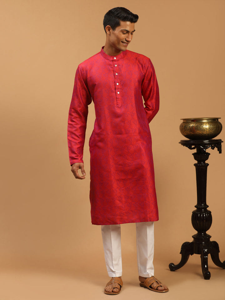 Sarvati Men's Red Paisley Brocade Silk Kurta And  White Solid Pant Set