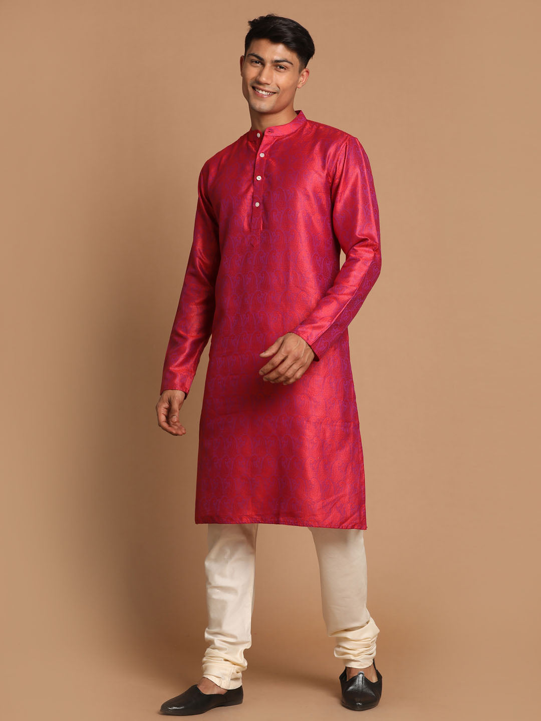 Sarvati Men's Red Paisley Brocade Silk Kurta And Solid Pyjama Set