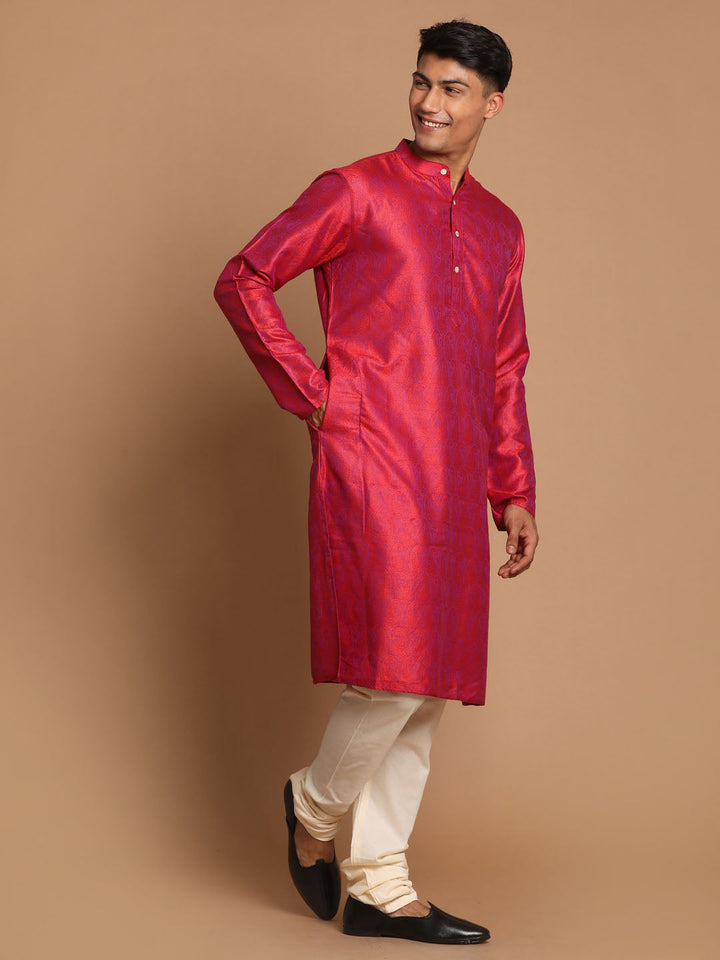 Sarvati Men's Red Paisley Brocade Silk Kurta And Solid Pyjama Set