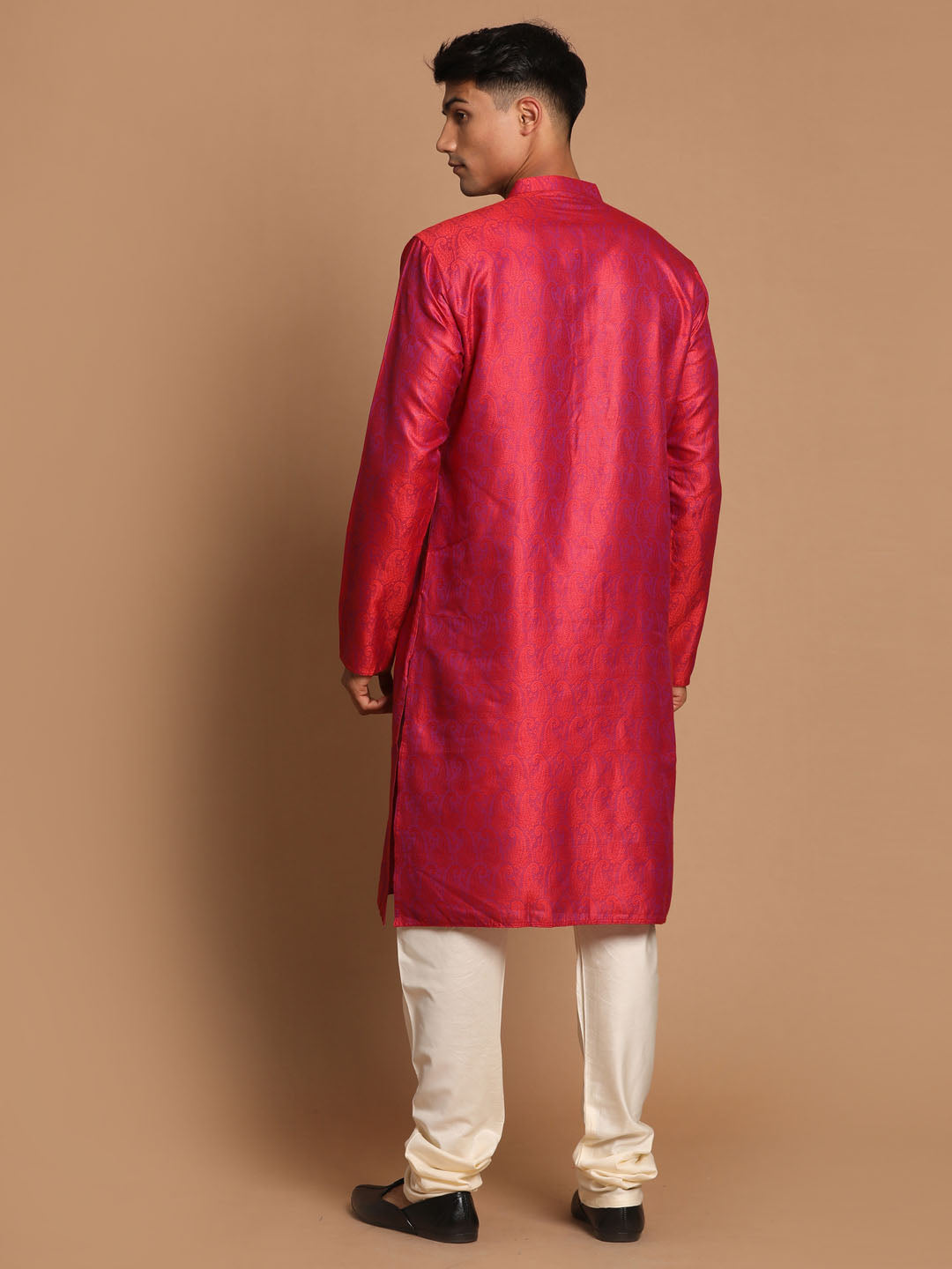 Sarvati Men's Red Paisley Brocade Silk Kurta And Solid Pyjama Set