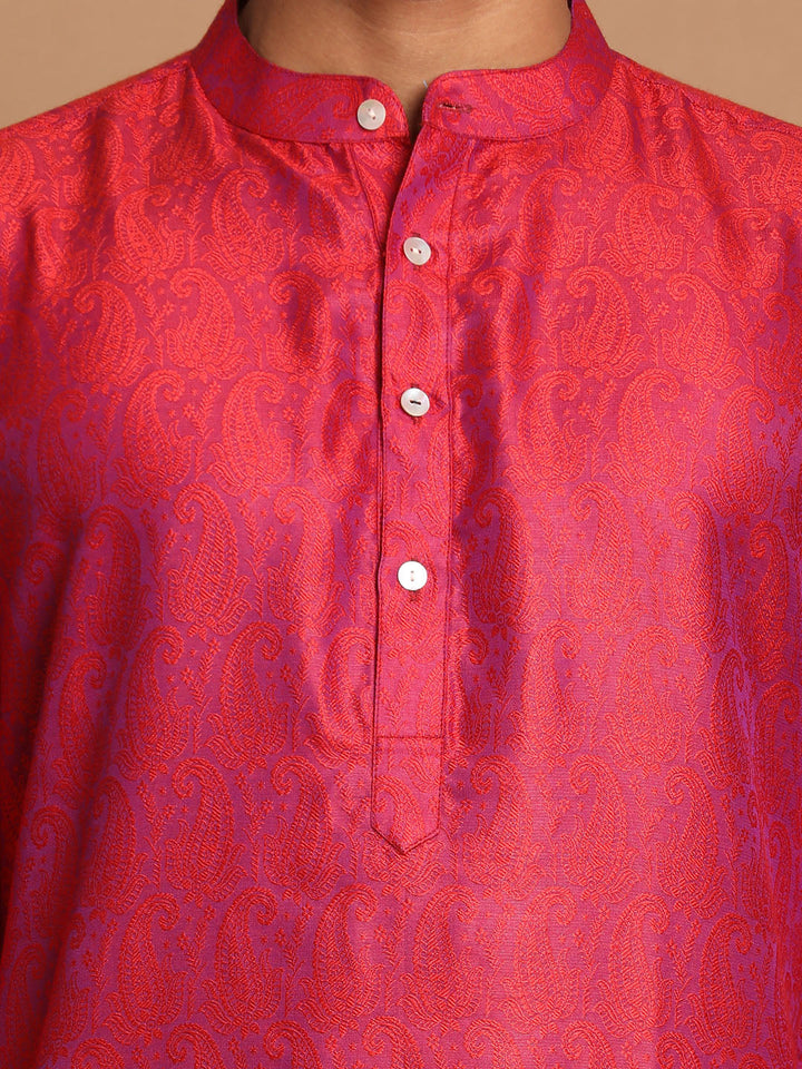 Sarvati Men's Red Paisley Brocade Silk Kurta And Solid Pyjama Set